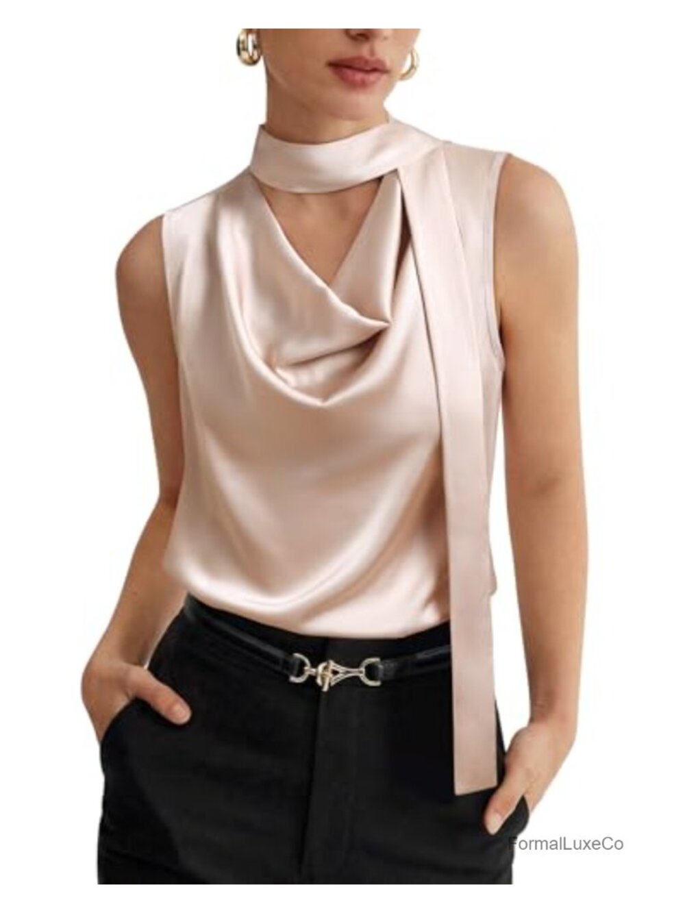 Satin Tank Top Sleeveless Cowl Neck Dressy Casual Blouse for Work